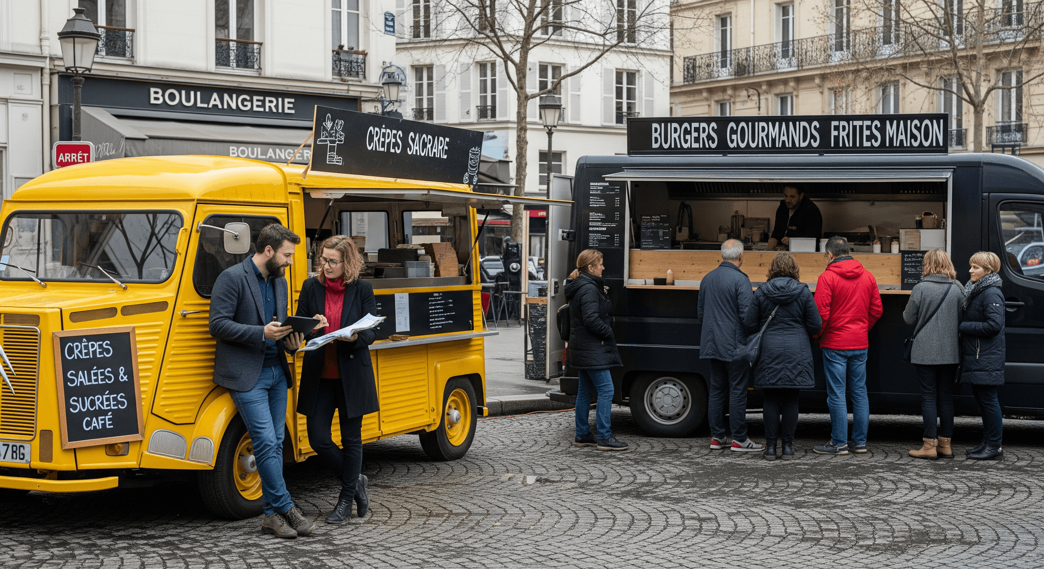 Deux food trucks, un Citroën H jaune crêpes et un van noir burgers, illustrant une flotte de restauration mobile.