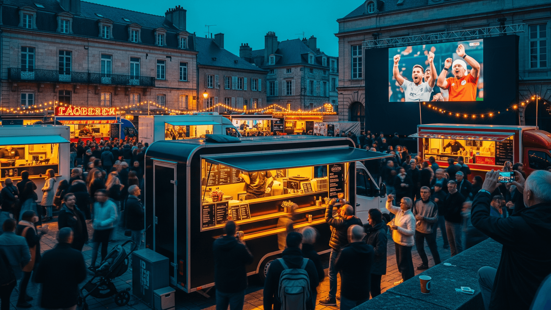 Place festive de Saint-Maur au crépuscule, avec food trucks modernes, foule et écran géant diffusant un match de rugby.
