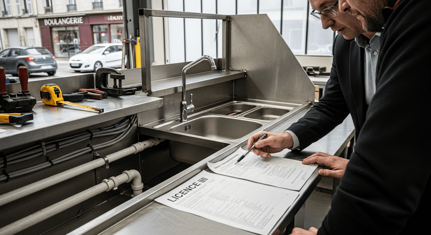 Professionnel examinant des documents de licence pour vente d'alcool dans un food truck en construction