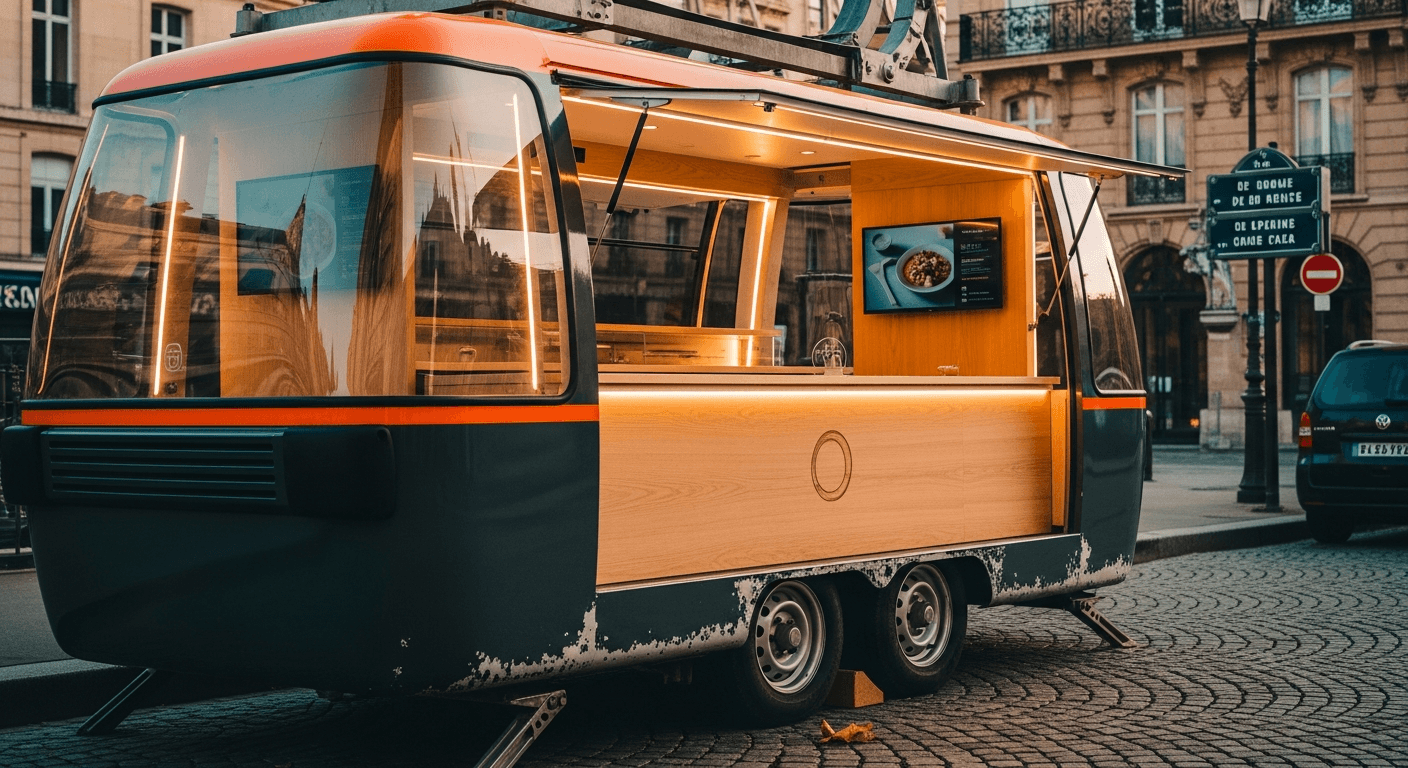Remorque food truck moderne orange et noire aux lignes arrondies stationnée sur pavés parisiens