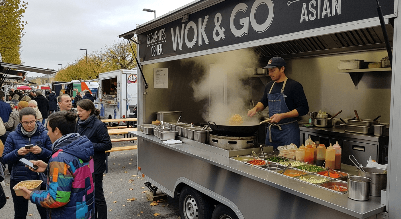 Remorque food truck wok asiatique avec cuisinier préparant des plats au wok fumant devant clients