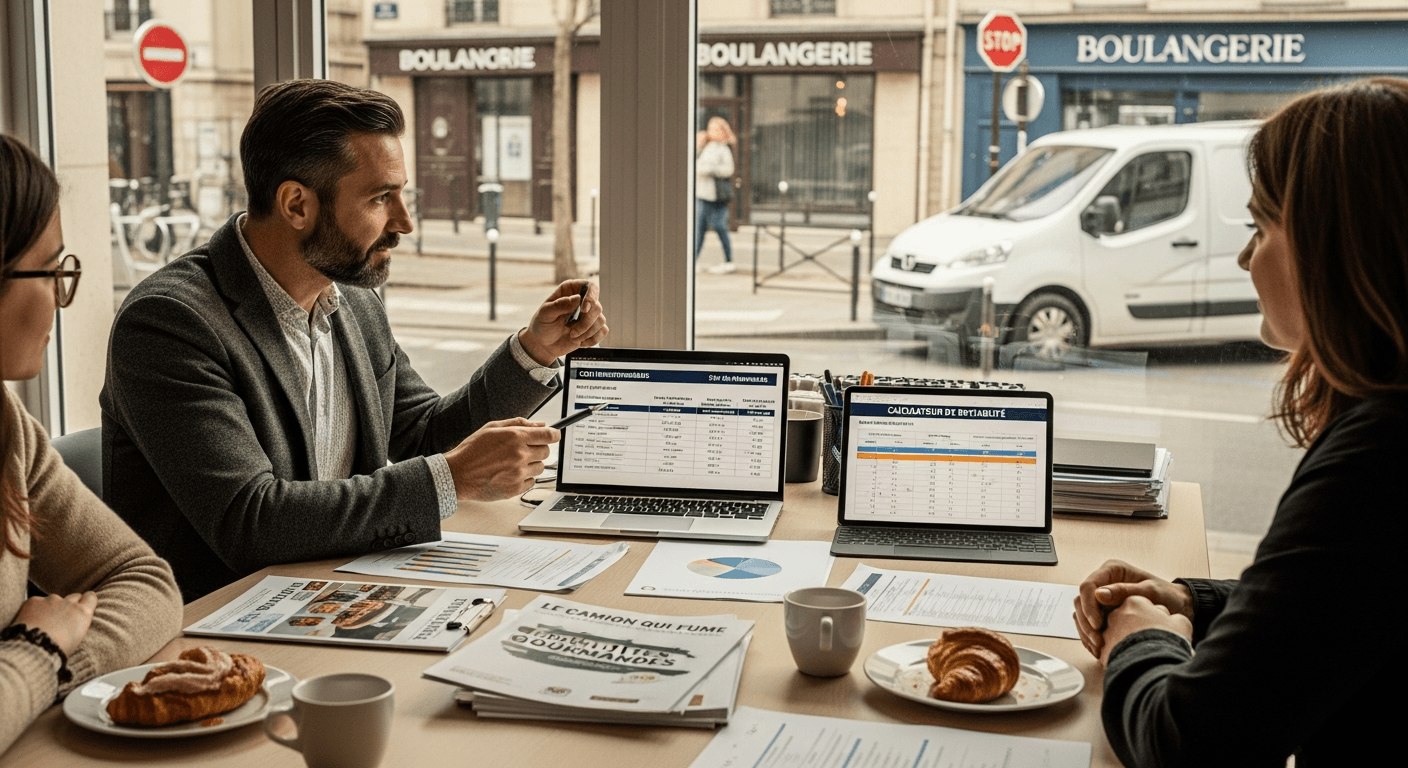 Réunion d'affaires avec présentation de tarifs food truck sur ordinateurs portables dans un café français