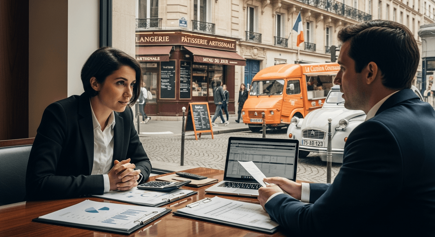 Réunion d'affaires entre entrepreneurs et conseiller financier pour financement food truck, documents et ordinateur sur table